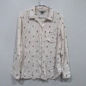 Old Navy Men Large Cactus Embroidered Button Down Shirt White Long Sleeve Cotton